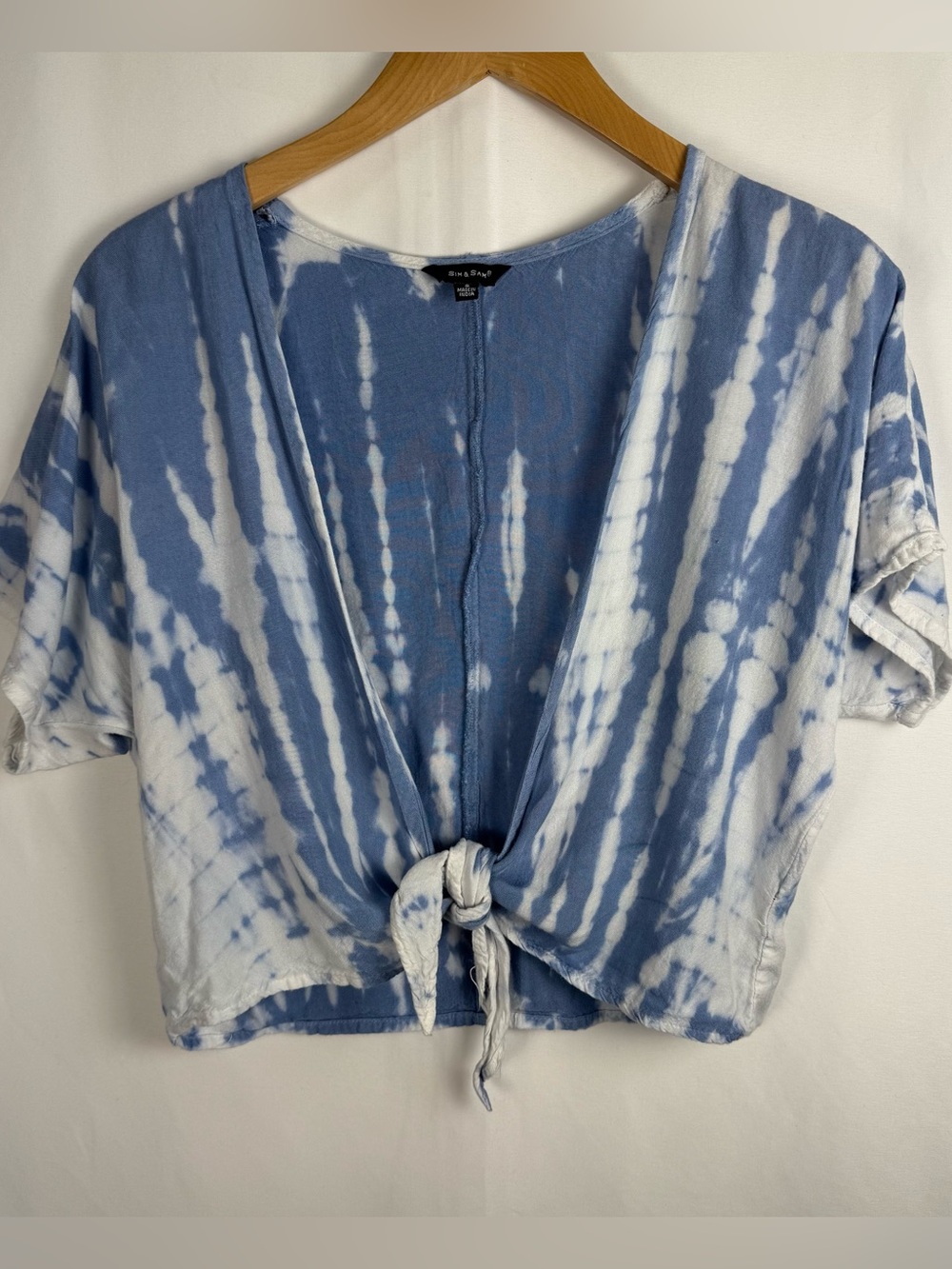 Tie-Dye Front Knot Crop Top - Blue & White